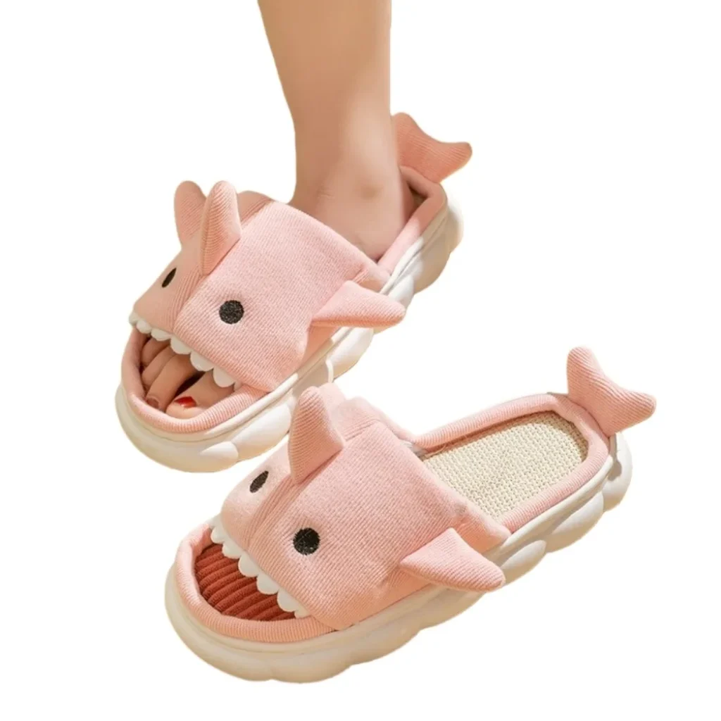 Linen Shark Plush Slippers Winter Shoes Plush Slides