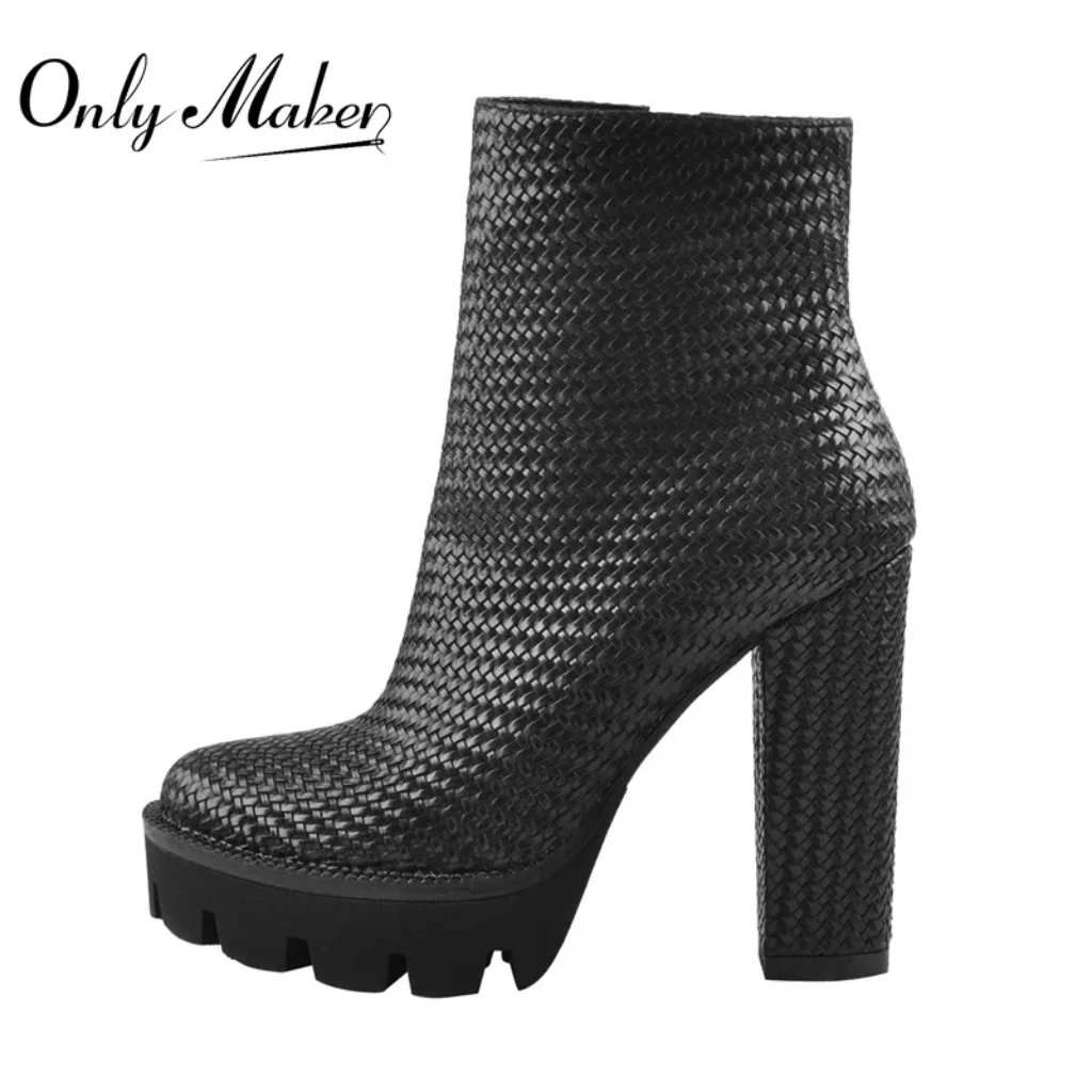 Onlymaker Women Weave Ankle Boots Platform Chunky High