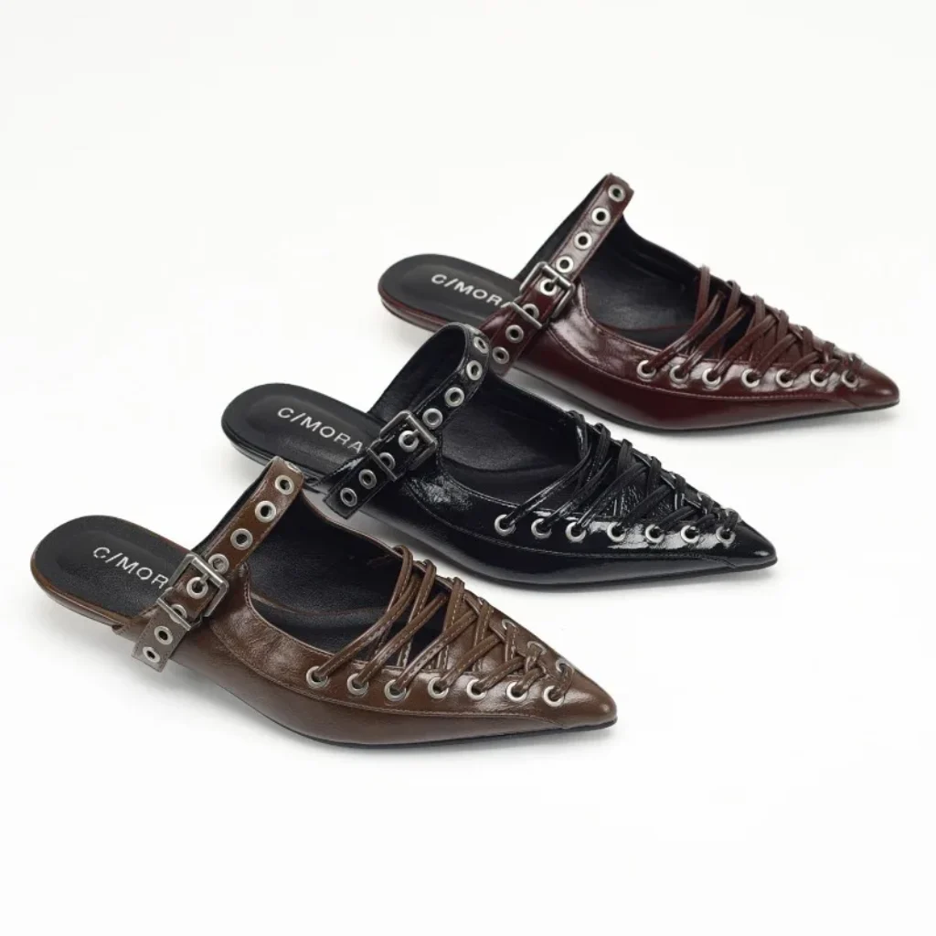 Pointed Toe Lace Up Women Slippers Summer PU