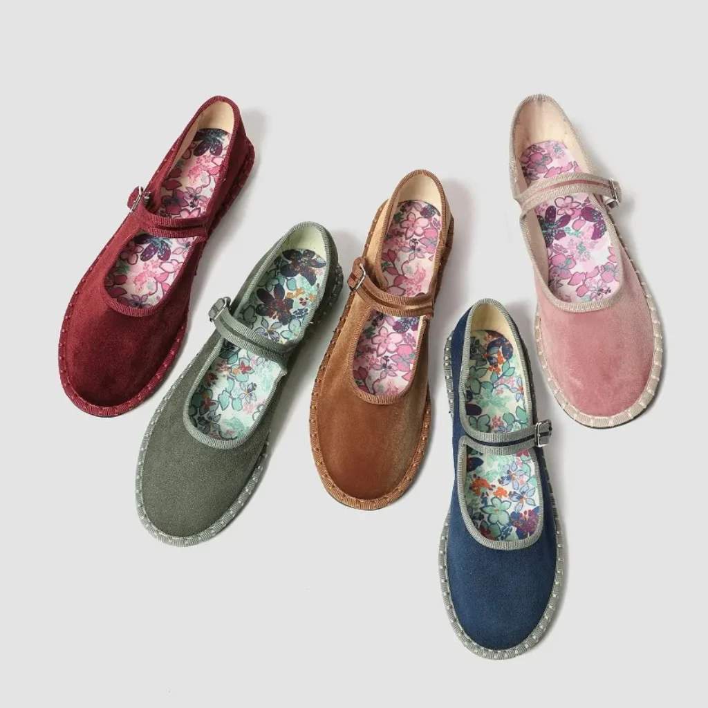 Printed Insole Stitching Velvet Mary Janes Shoes Women