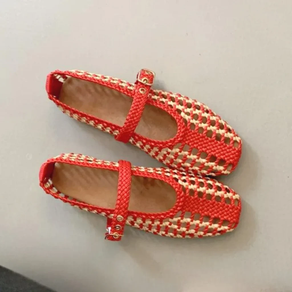 Red Fabric Woven Hollow Out Mary Jane Single