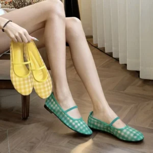 Retro Pastoral Style Plaid Mesh Mary Jane Shoes