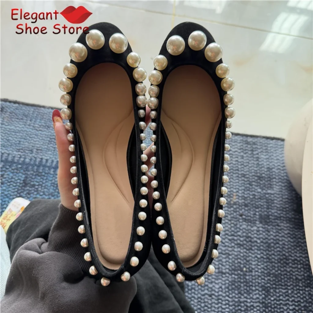 Retro Pearl Shallow Flat Shoes Red Black Satin