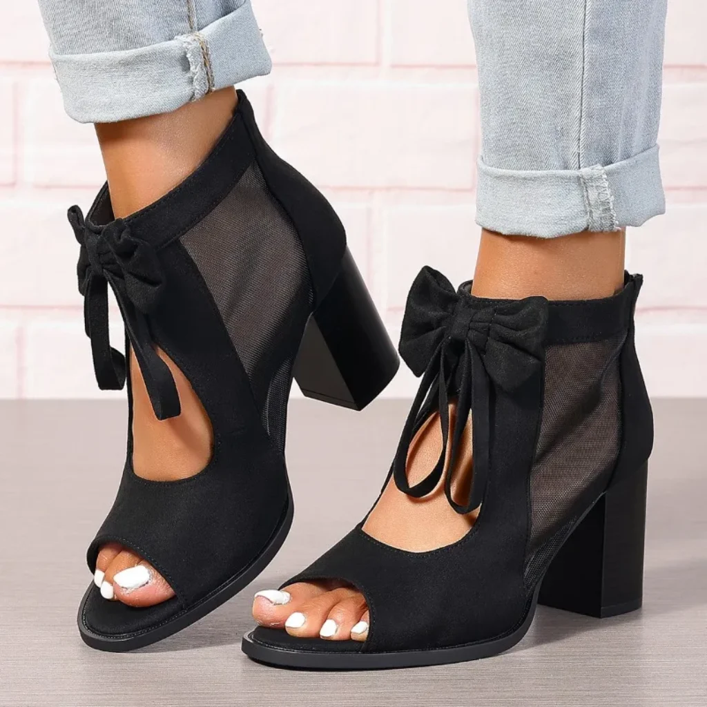 Sandals Women Peep Toe Bowknot Chunky Heeled Sandals