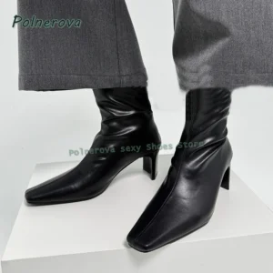 Square Toe Kitten Heel Fashion Boots Solid Pleated
