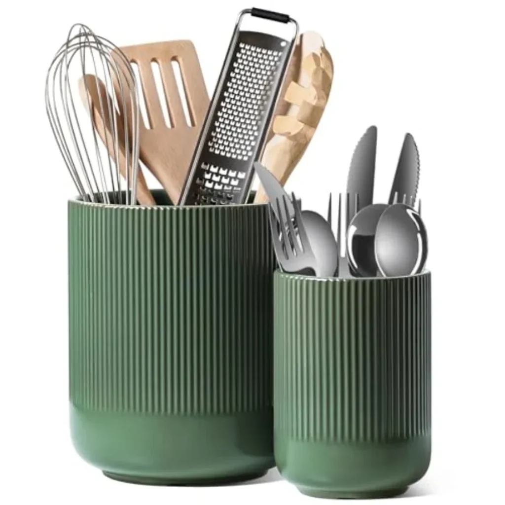 Utensil Holder Kitchen Counter, 7.3″+5.4″ Fluted Ceramic Utensil