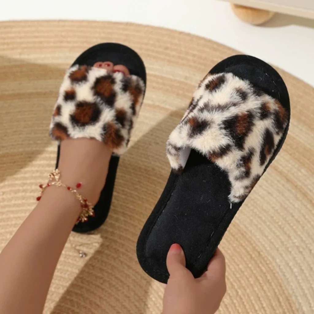 Vintage Leopard Home Plush Slippers Women Non Slip