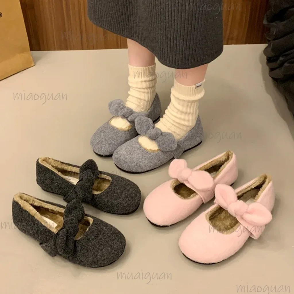 Vintage Plush Flats Bowknot Pumps Women Autumn Winter