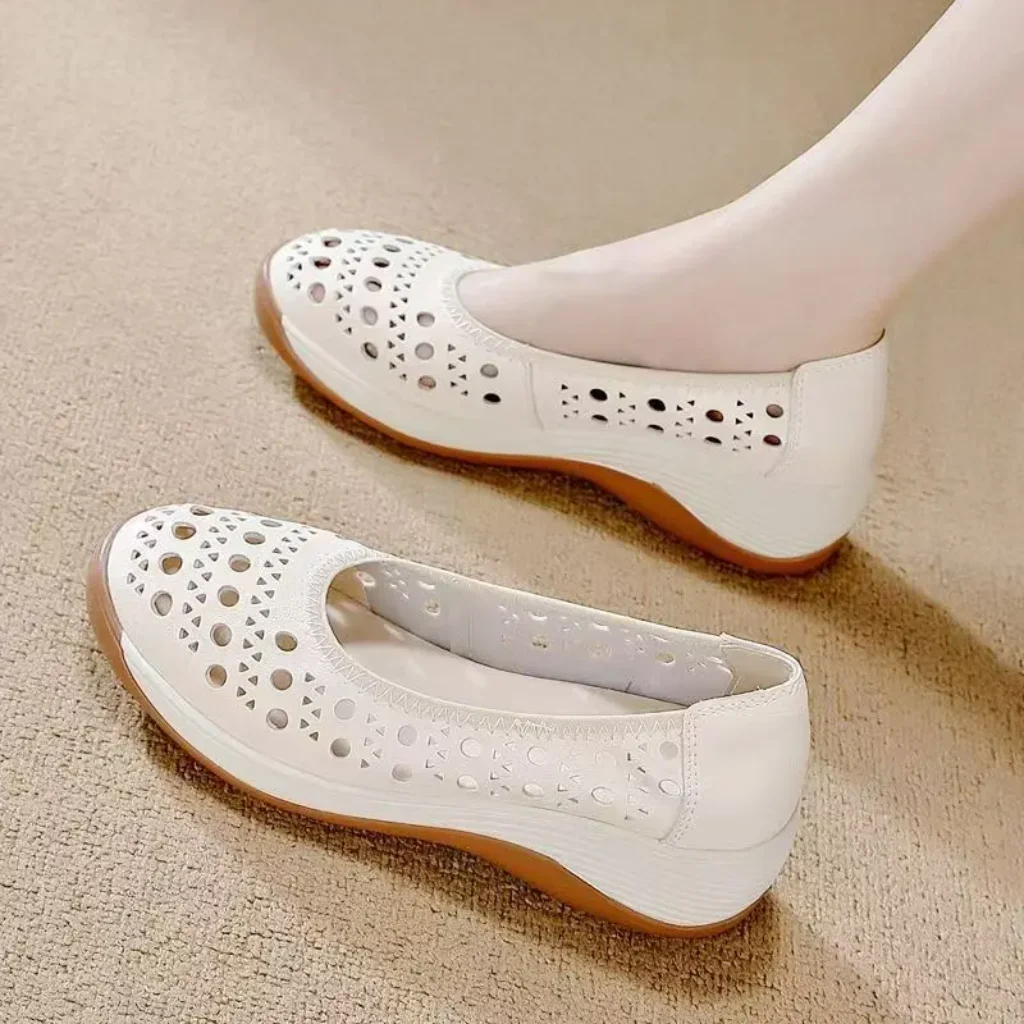 Woman’s Summer Leather Hollow Out Wedges Shoe Soft