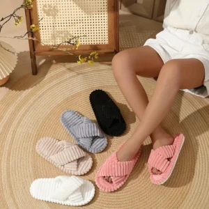 Women Corduroy Cross Strap Home Slippers Men Soft