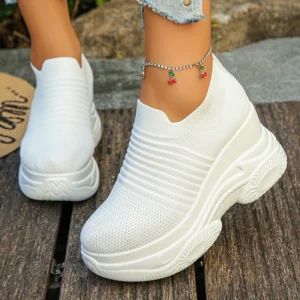 Women’s Knitted White Chunky Sneakers 2026 Spring Breathable