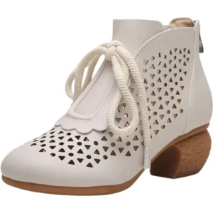 Women’s Leather Hollow Out Block Heel Cool Boots