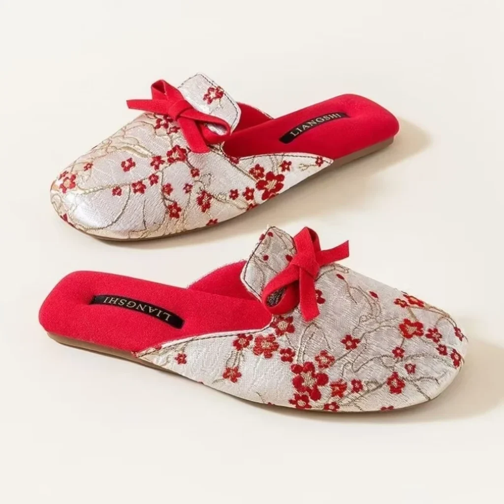 Women’s Silk Print Baotou Home Slippers Rubber Sole