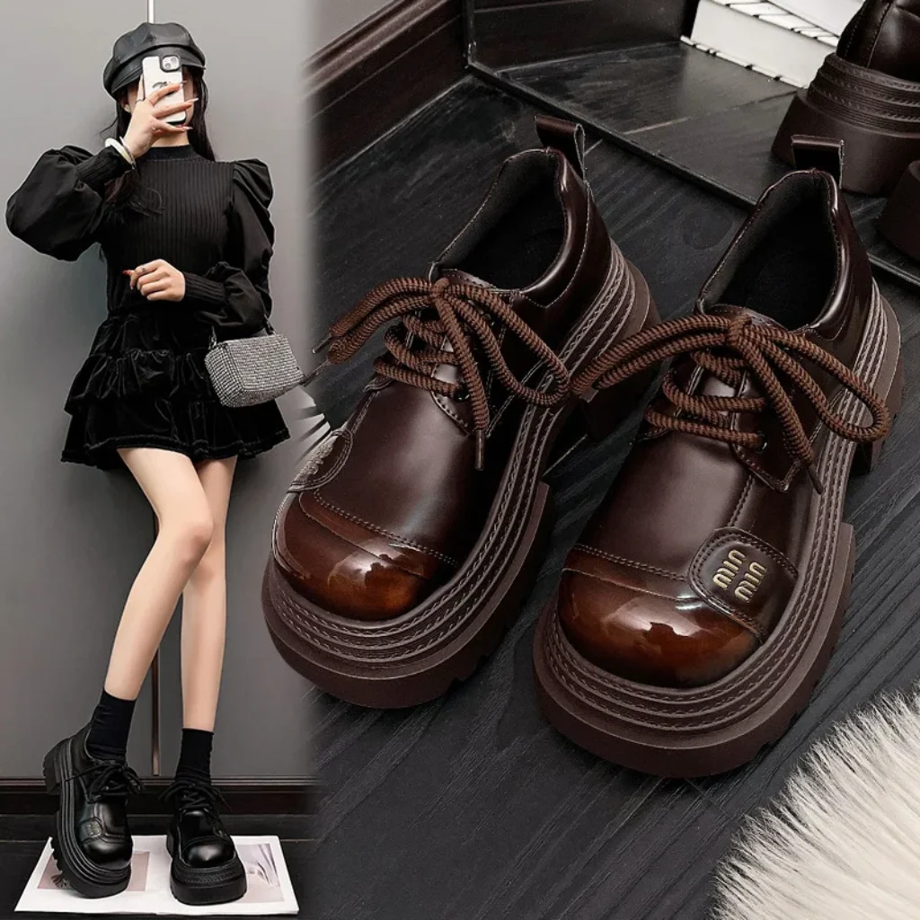 Women’s single shoes thick soled height increasing leather