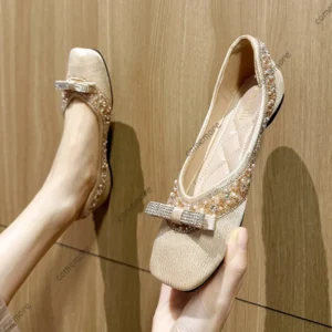 Women’s Square Toe Beaded Rhinestone Bow Ballet Flats