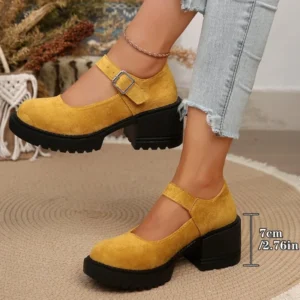 2025 High-heeled Shoes Women’s Round-toe Thick-soled Single-line Buckle