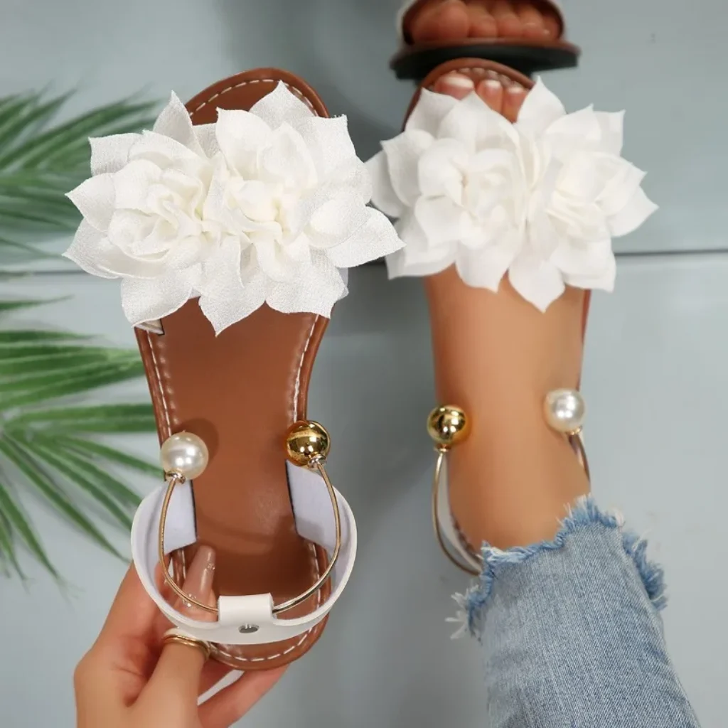 2026 Women Sandals Flower Decoration Flat Slides Women