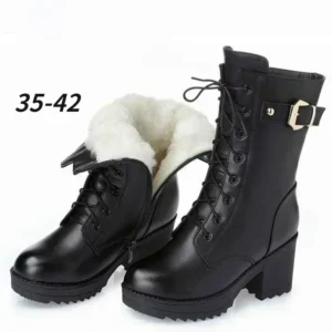 2026 Winter Leather Women Winter Boots Thick Wool