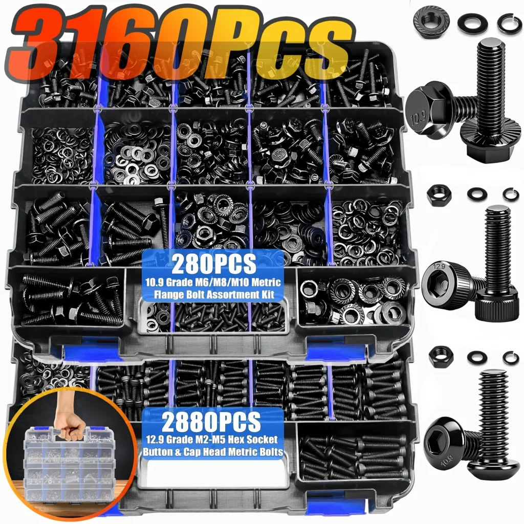3160-Piece Flange Bolt, Nut, Screw Set, Grade 12.9/10.9