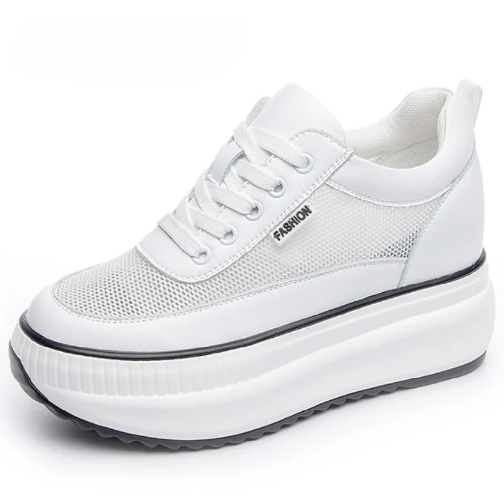 8cm Genuine Leather Women Casual Shoes Platform Wedge