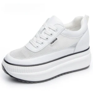 8cm Genuine Leather Women Casual Shoes Platform Wedge