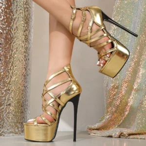 Aneikeh Fashion Gold Sequins High Heels Platform Rome