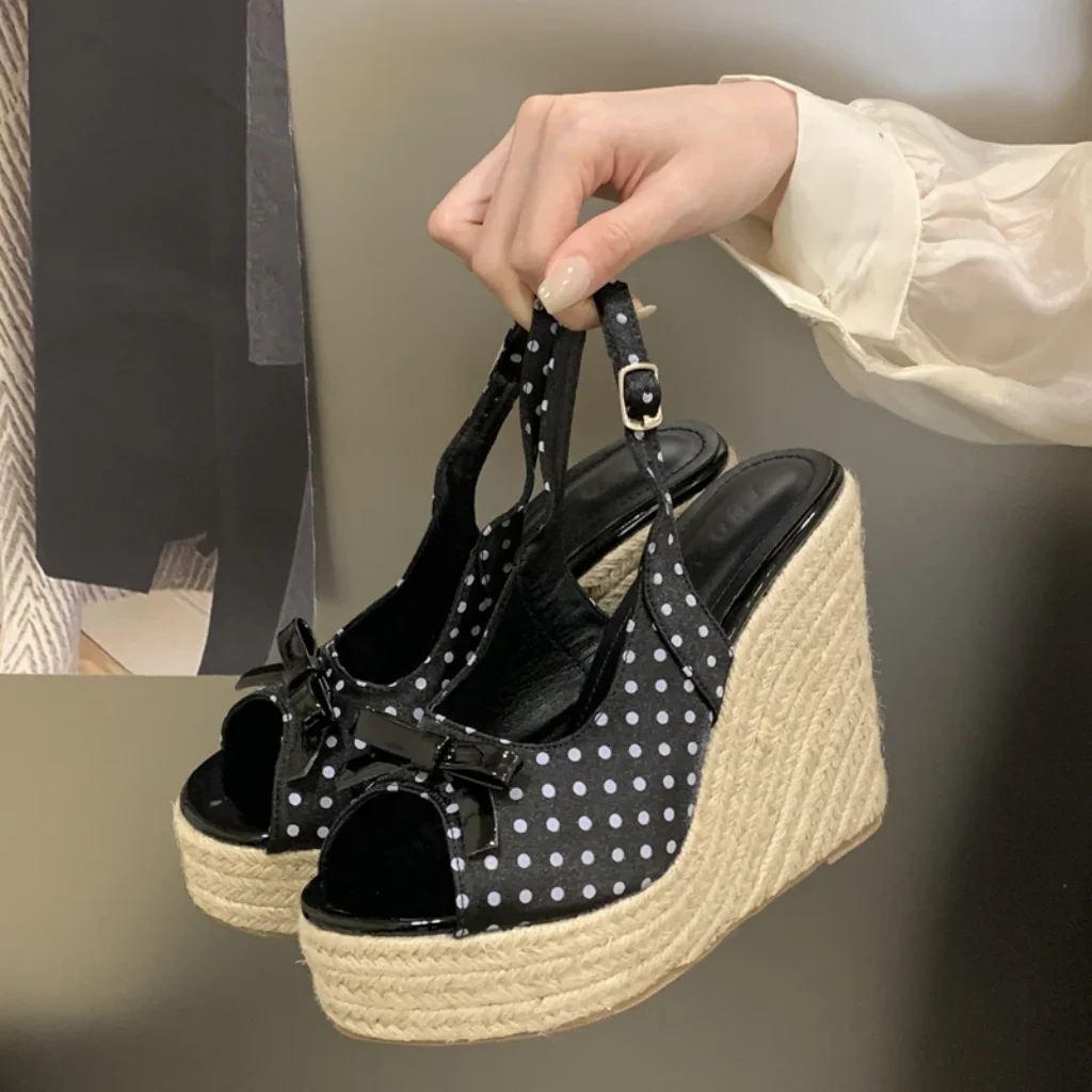 Aneikeh Summer Thick Soled Grass Woven High Heels