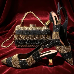 Black Gold Rhinestone Pointed Toe Mid Heels Women