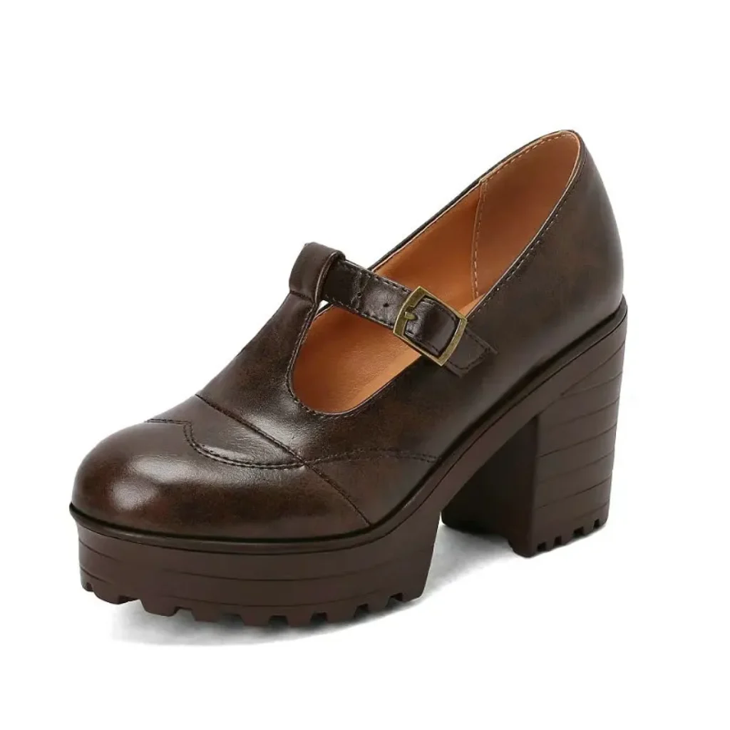 Brogue Design Ladies Spring Fall Shoes Buckle T-strap