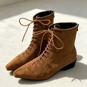 Brown Faux Suede Front Lace Up Ankle Boots