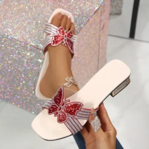 Colorful Rhinestone Flower Spring Summer Mules Red Color