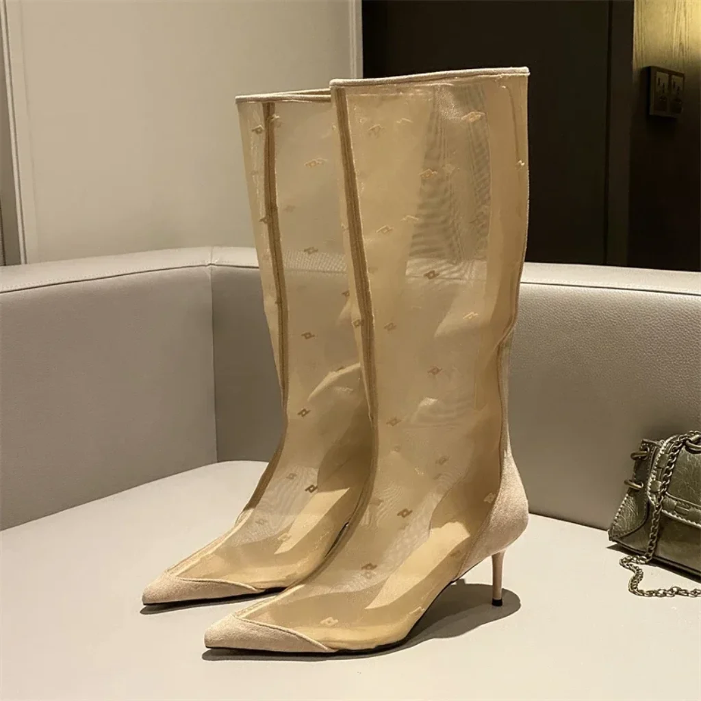Eilyken Sexy Mesh Women Knee-High Boots Thin Heels