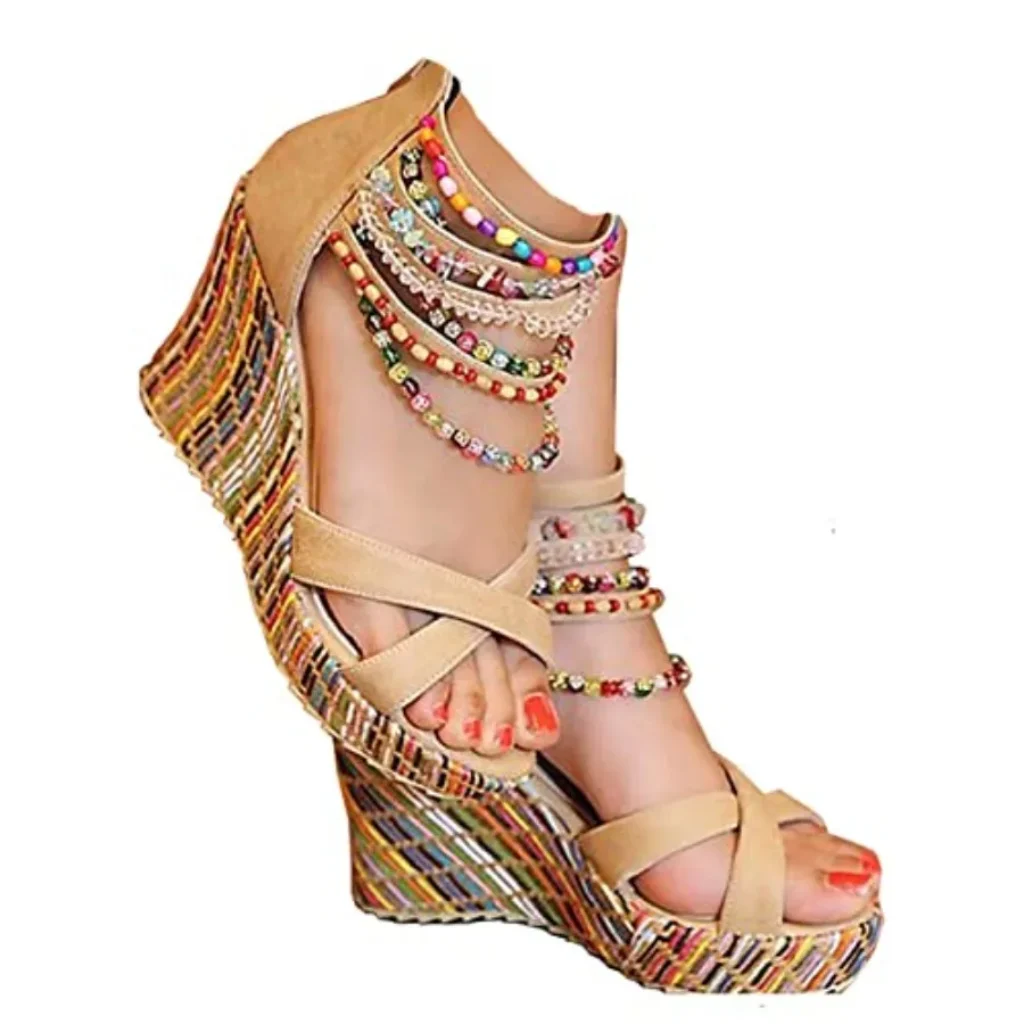 getmorebeauty Women’s Wedge Sandals Pearls Across Top Platform