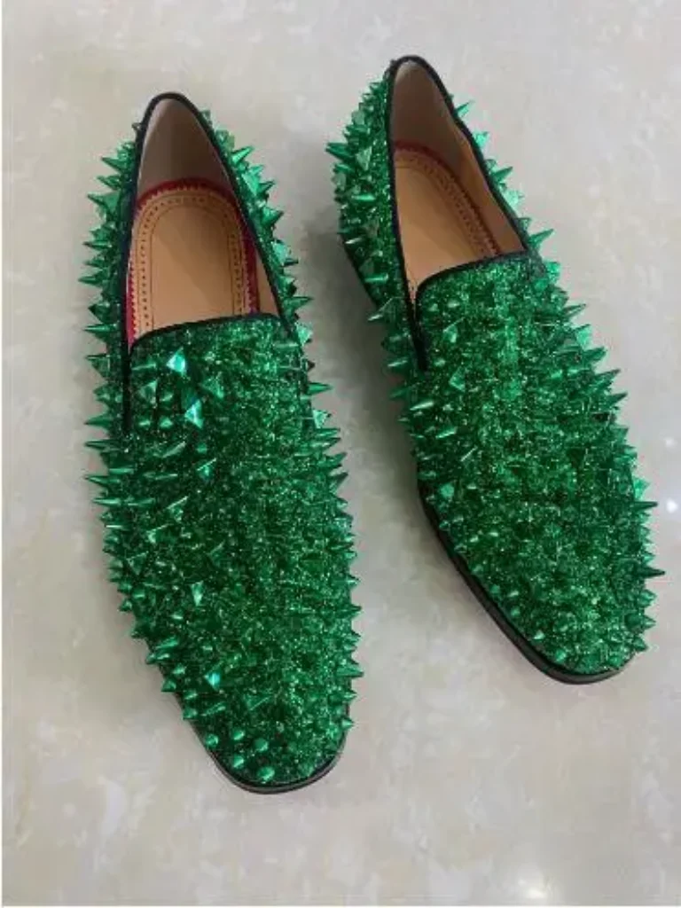 Green Gold Long Spike Rivet Glitter Round Toe