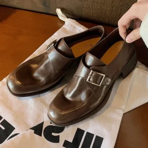 Luxury Belt Buckle Decorate Chunky Heel Loafers Women