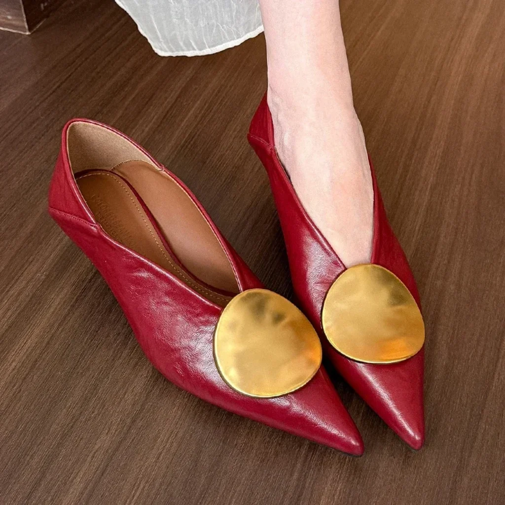 Luxury Women Metal Buckle Designer Pointed Toe Low