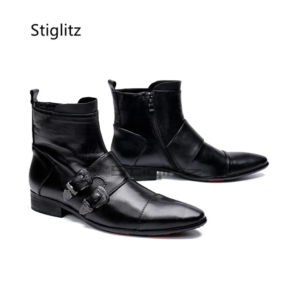 Men’s Double Metal Buckle Chelsea Boots Black Genuine