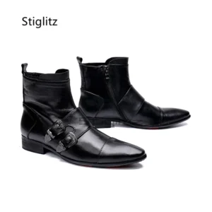 Men’s Double Metal Buckle Chelsea Boots Black Genuine