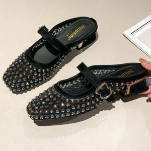 Mesh Rhinestone Chunky Heel Mules Slippers Women Breathable