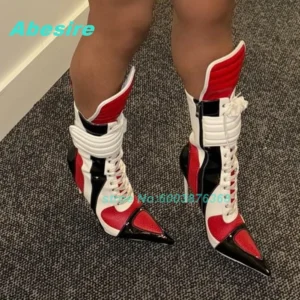 Mixed-Color Patchwork Hook Loop Ankle Boots Pointed Toe