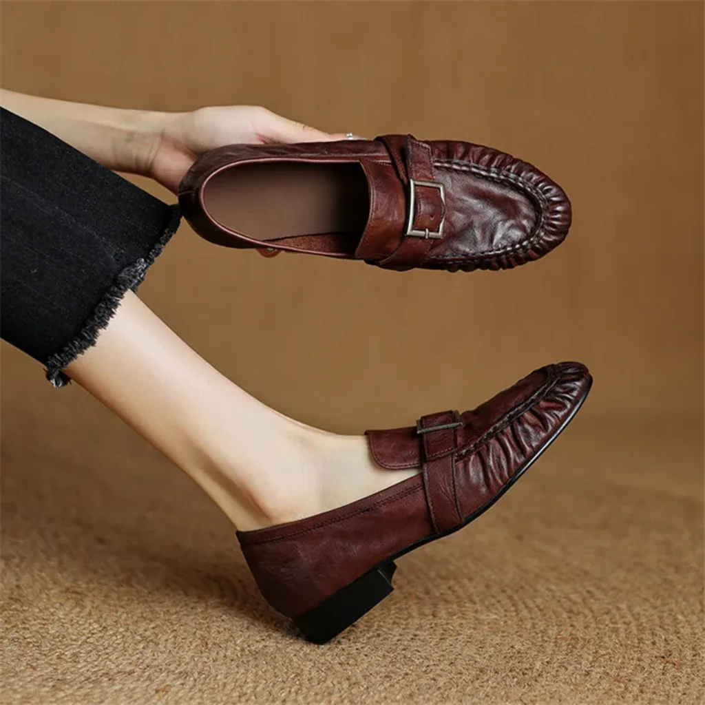 Autumn Genuine Leather Women Pumps Fashion Pleated Round