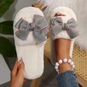Bowknot Cotton Slippers Women 2026 Fluffy Fur Soft