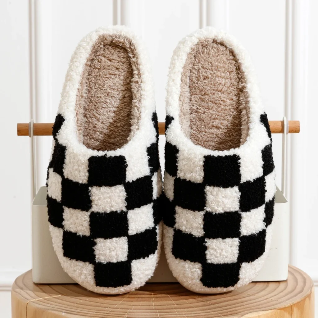 Fuzzy Slippers Fashion Checker Indoor Embroidery Houseshoes Cozy