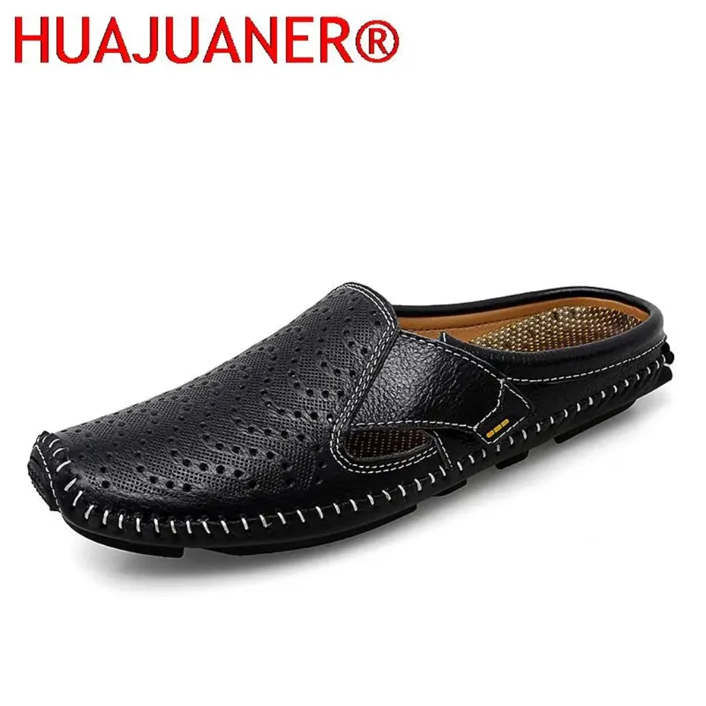 Genuine Leather Men’s Slippers Summer Breathable Casual Mules