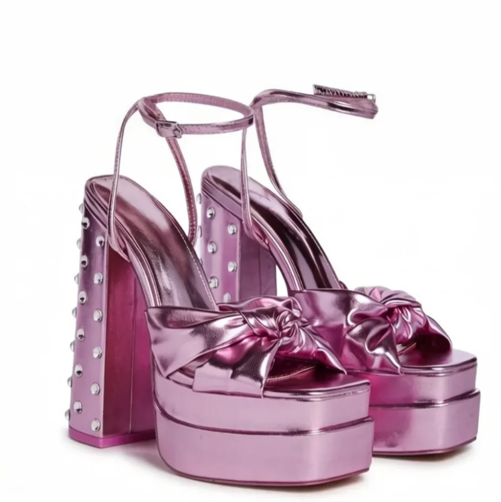 Pink Platform Heeled Sandals Knotted Bow Front Rhinestone-Embellished