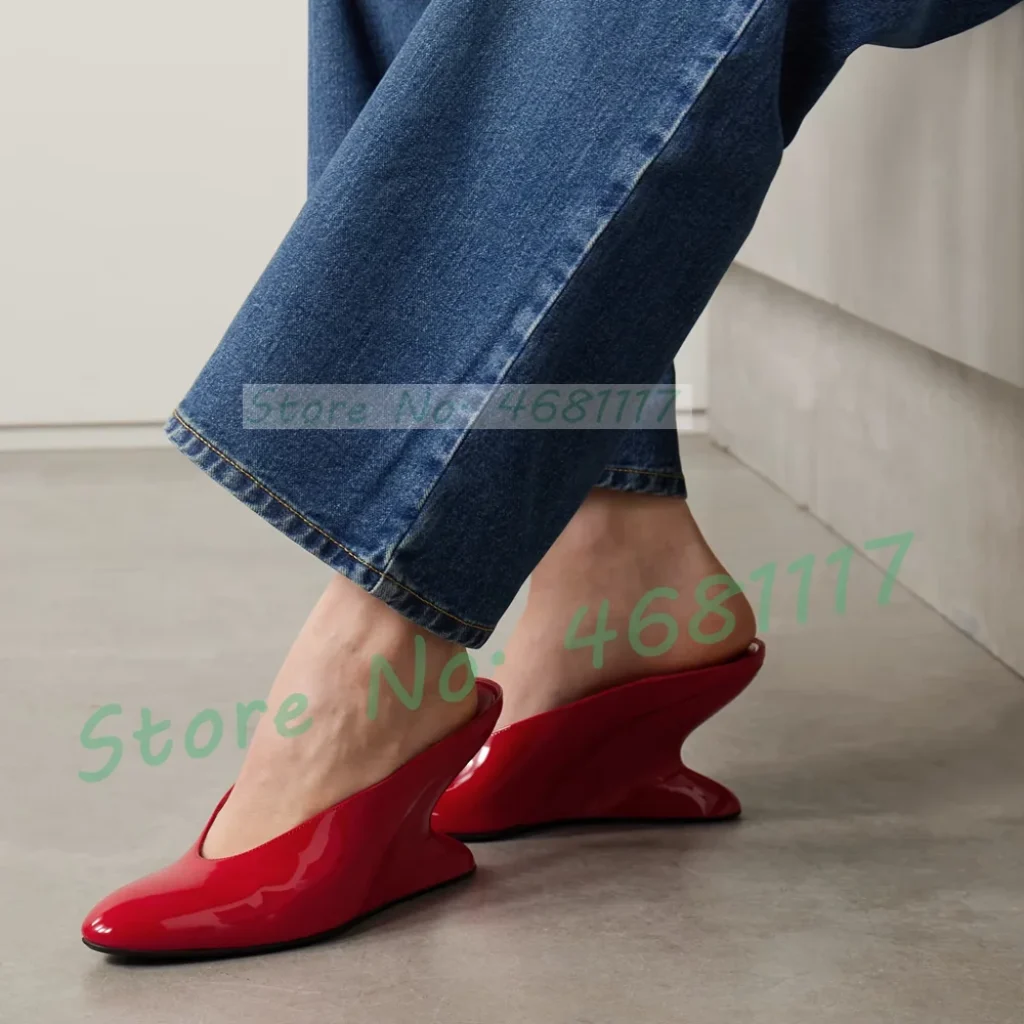 Red Patent Leather Wedge Mules Women Stylish Round