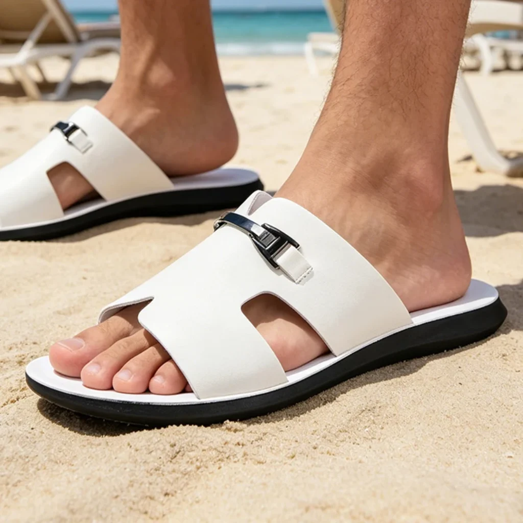 Simplified Luxury Men’s White Slip-On Sandals Metal Buckle