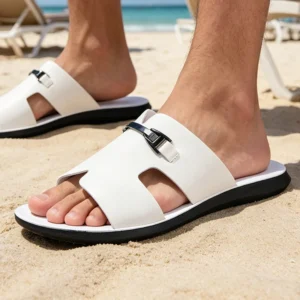 Simplified Luxury Men’s White Slip-On Sandals Metal Buckle