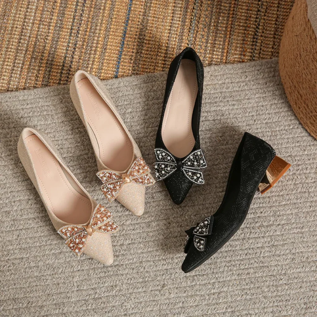 Spring Autumn Fashion Pointed Toe Rhinestone Bow High