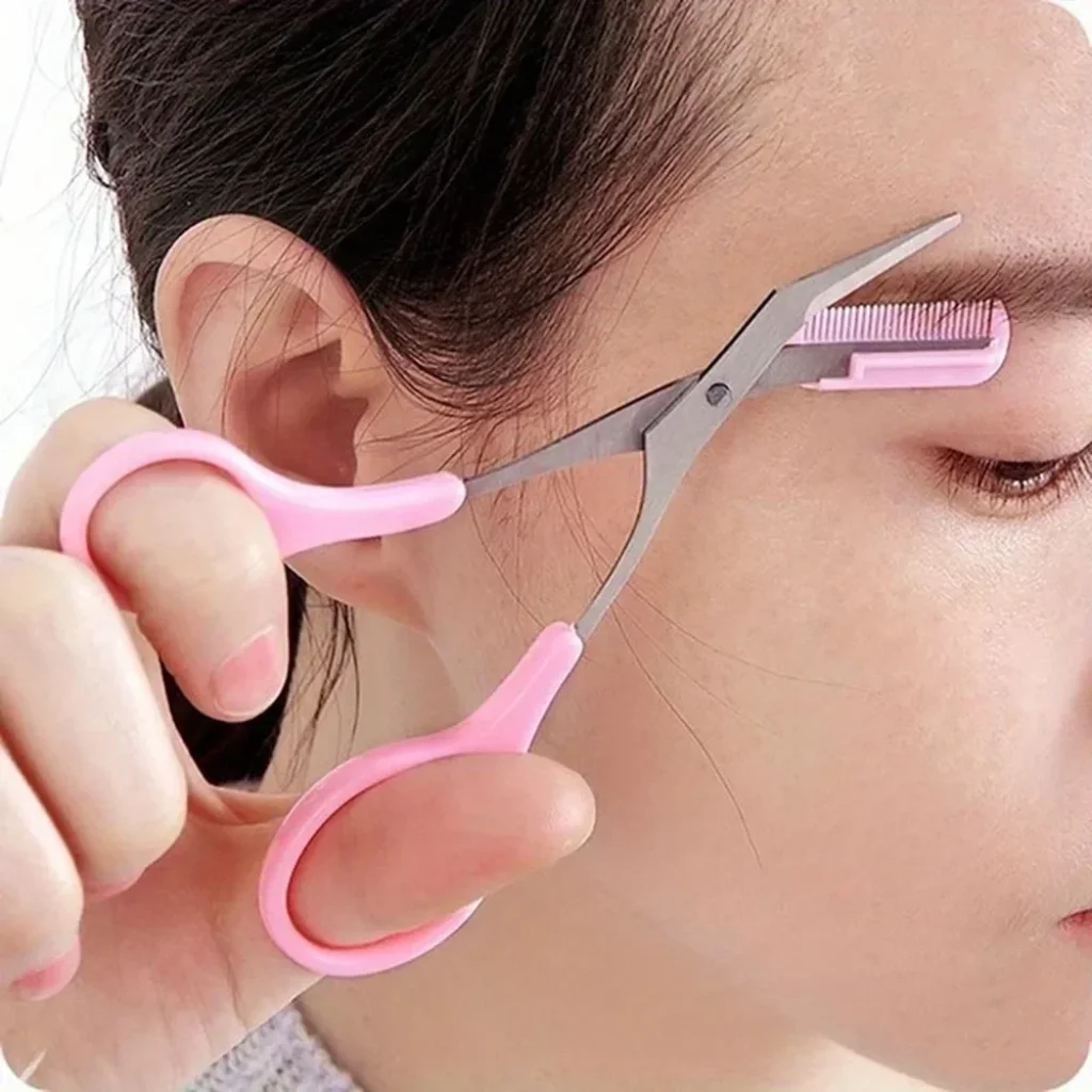 Stainless Steel Eyebrow Trimming cissors built-in Comb Pink/White/Black